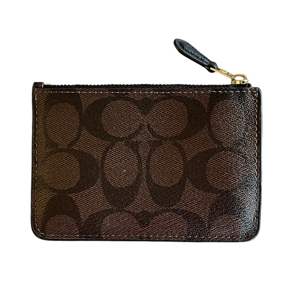 COACH Dark Brown Signature Canvas Leather Credit Card Holder Coin Purse Key Ring - Picture 3 of 7
